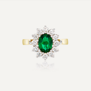9ct Yellow Gold Emerald Gemstone & Lab Diamond Cluster Ring 1.30 Carat