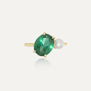 9ct Yellow Gold Emerald Oval & Pearl Dress Ring