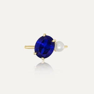 9ct Yellow Gold Oval Sapphire & Pearl Dress Ring