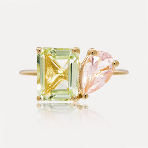 9ct Yellow Gold Peridot Emerald Cut & Pink Beryl Pear Dress Ring